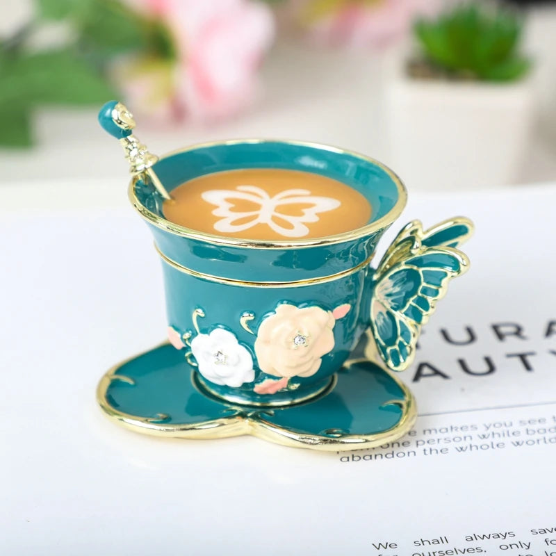 SHINNYGIFTS Hand Painted Enameled Small Coffee Cup Trinket Box Butterfly Style Decorative Jewelry Box with Hinged Unique Gift