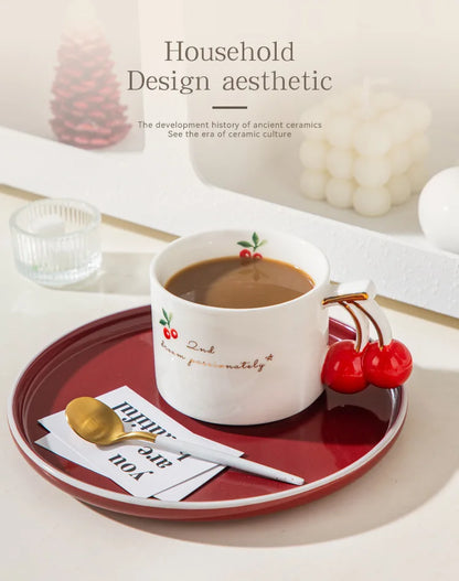 Gold-Rim Cherry Porcelain Mug