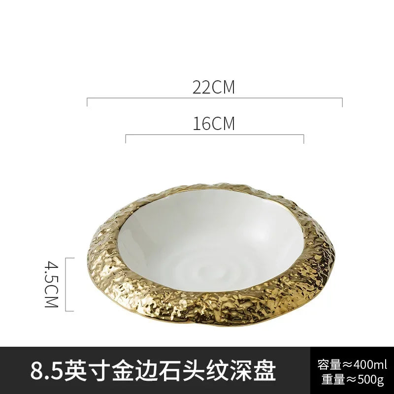 Gold-Rimmed Marble-Style Ceramic Dinner Plate
