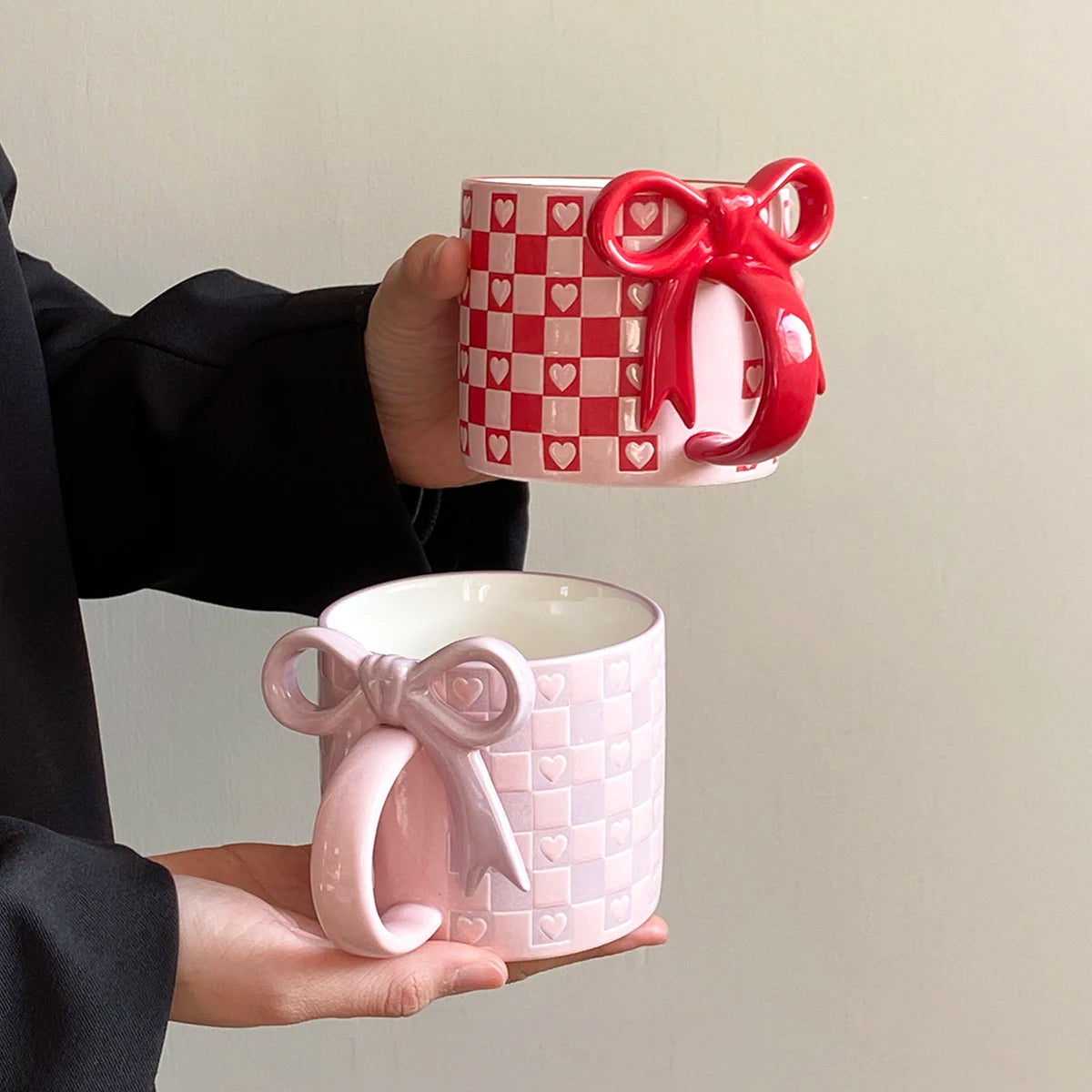 Checkered Bow-Handle Ceramic Mug