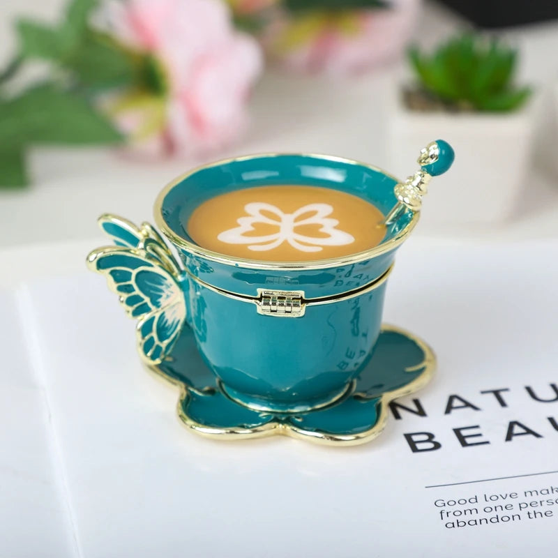 SHINNYGIFTS Hand Painted Enameled Small Coffee Cup Trinket Box Butterfly Style Decorative Jewelry Box with Hinged Unique Gift