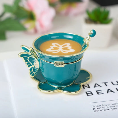 SHINNYGIFTS Hand Painted Enameled Small Coffee Cup Trinket Box Butterfly Style Decorative Jewelry Box with Hinged Unique Gift