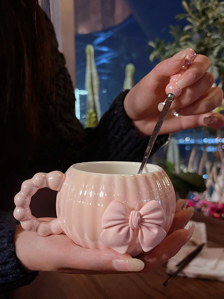 French Pink Bow Ceramic Coffee Cup Set
