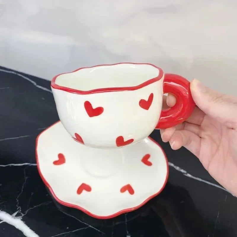 Ceramic Coffee Mug and Saucer Set Hand Pinching Irregular Cute Pattern Milk Juice Afternoon Tea Water Cup Girl Flower Tea Cup
