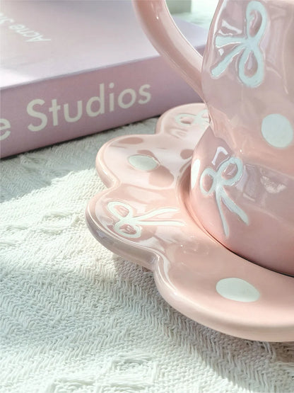 350ml Ceramic Coffee Cups and Saucer Set Bow Patterns Hand Drawn Pink Girl's Large Capacity Cup Flowers Shaped Plate Sets