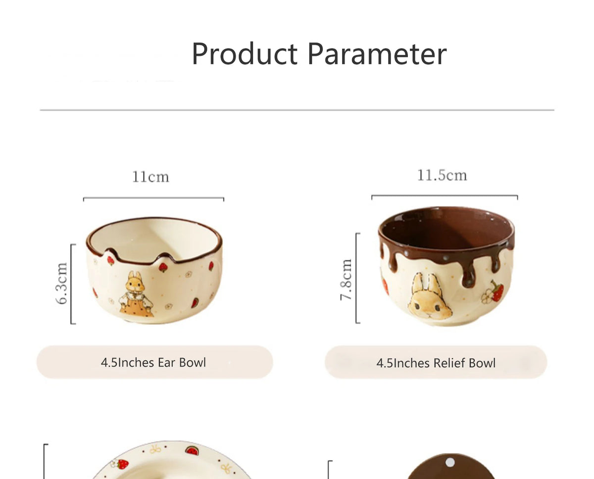 Creative Rabbit Pattern Ceramic Bowl Relief Porcelain Rice Bowls 4.5Inches Cute Home Yogurt Small Bowl Tableware Cake Fruit Bowl