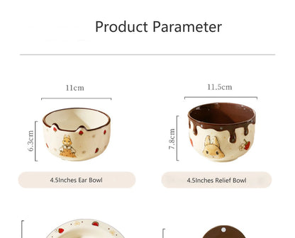 Creative Rabbit Pattern Ceramic Bowl Relief Porcelain Rice Bowls 4.5Inches Cute Home Yogurt Small Bowl Tableware Cake Fruit Bowl