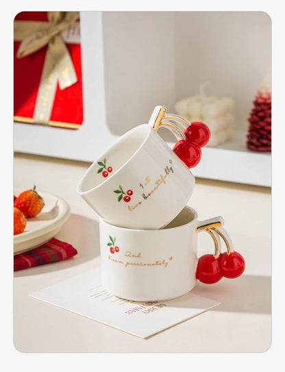 Gold-Rim Cherry Porcelain Mug