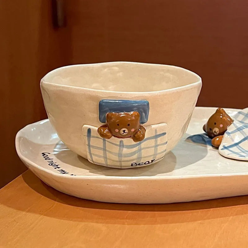 3D Embossed Bear Ceramic Bowl Plate Mug Set, Kids Dinnerware, Creative Quilt Bear Tableware For Holiday Wedding Souvenir Gift
