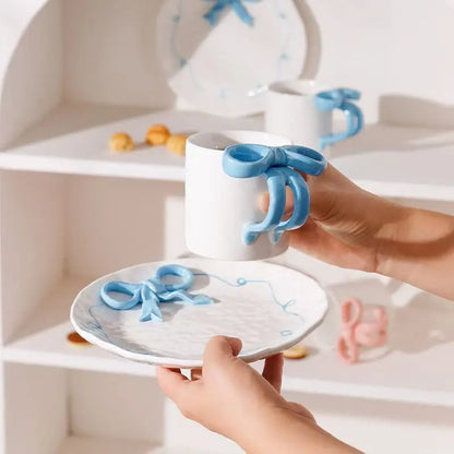 Nordic 3D Bow Cute Plate and Coffee Mug Hand-painted Ceramic Plate Ornament Sliving Bedroom Dining Table Snack Fruit Salad Plate
