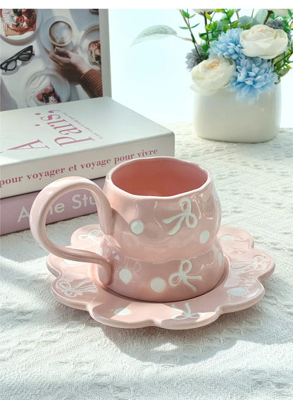 350ml Ceramic Coffee Cups and Saucer Set Bow Patterns Hand Drawn Pink Girl's Large Capacity Cup Flowers Shaped Plate Sets