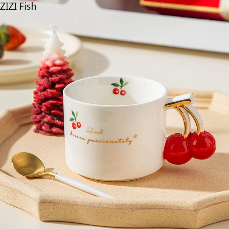 Gold-Rim Cherry Porcelain Mug