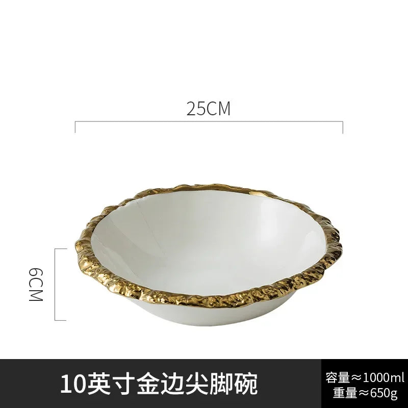 Gold-Rimmed Marble-Style Ceramic Dinner Plate