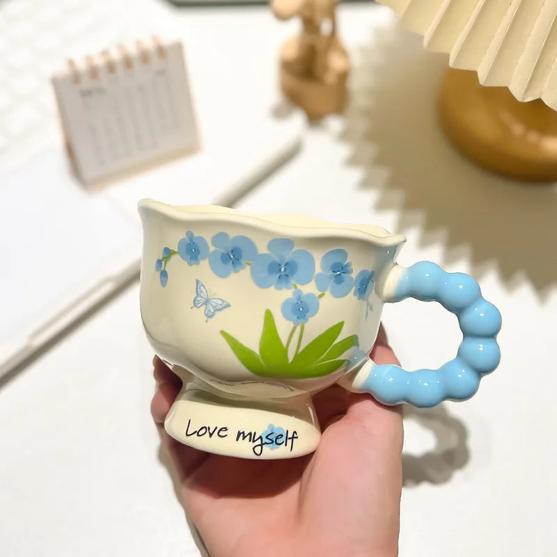Cute ceramic cup as a holiday gift for girls - water cup with flowers, travel companion cup, coffee cup