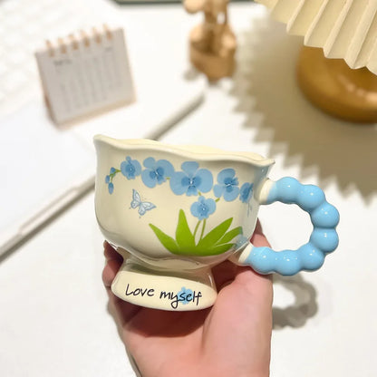 Cute ceramic cup as a holiday gift for girls - water cup with flowers, travel companion cup, coffee cup
