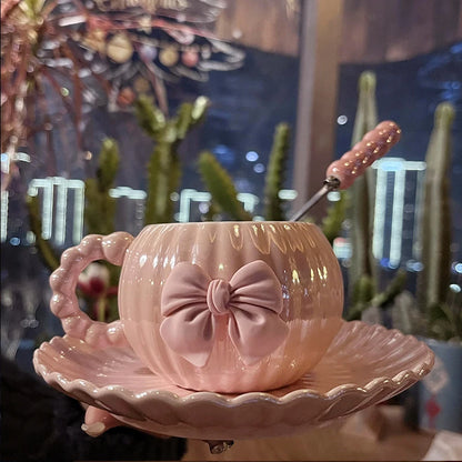 French Pink Bow Ceramic Coffee Cup Set