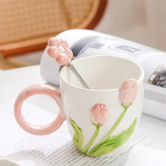 3D Tulip Carved Ceramic Mug