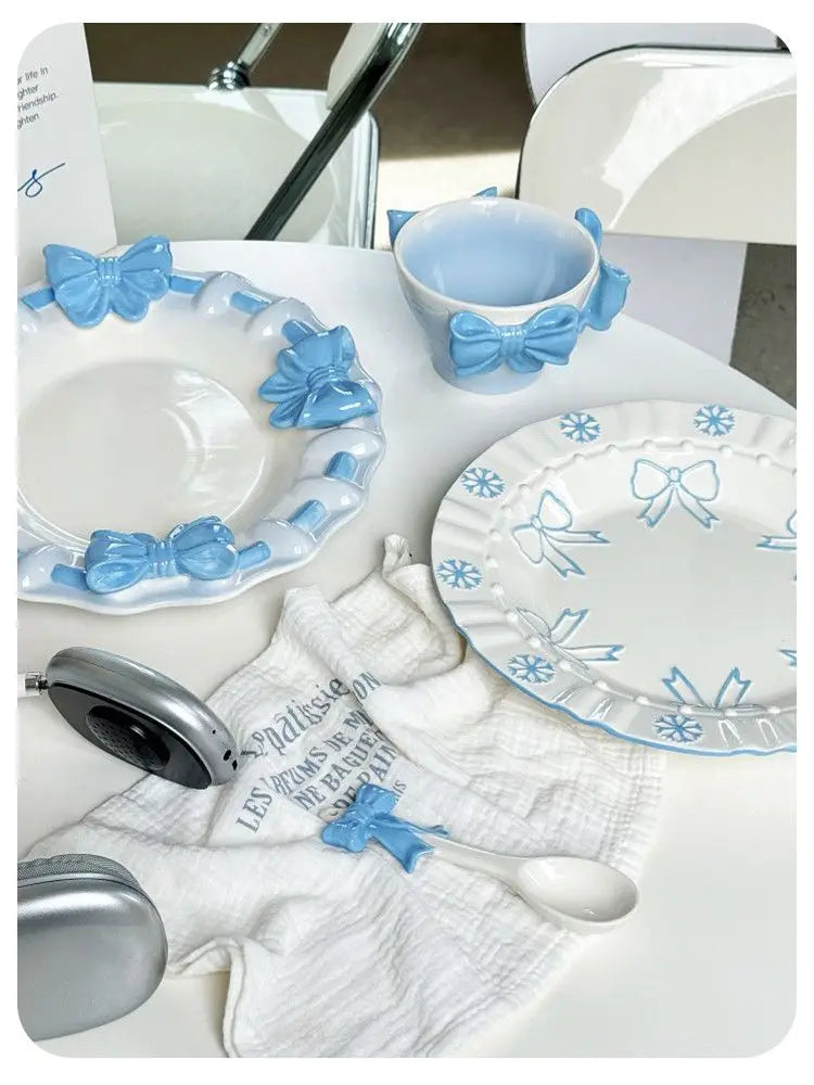 Bow Underglaze Tableware French Romantic Relief Three-dimensional Ceramic Plate Exquisite Plate Bowl Dessert Plate Gift