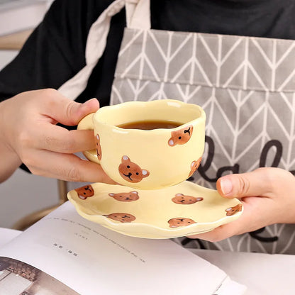 Ceramic Coffee Mug and Saucer Set Hand Pinching Irregular Cute Pattern Milk Juice Afternoon Tea Water Cup Girl Flower Tea Cup