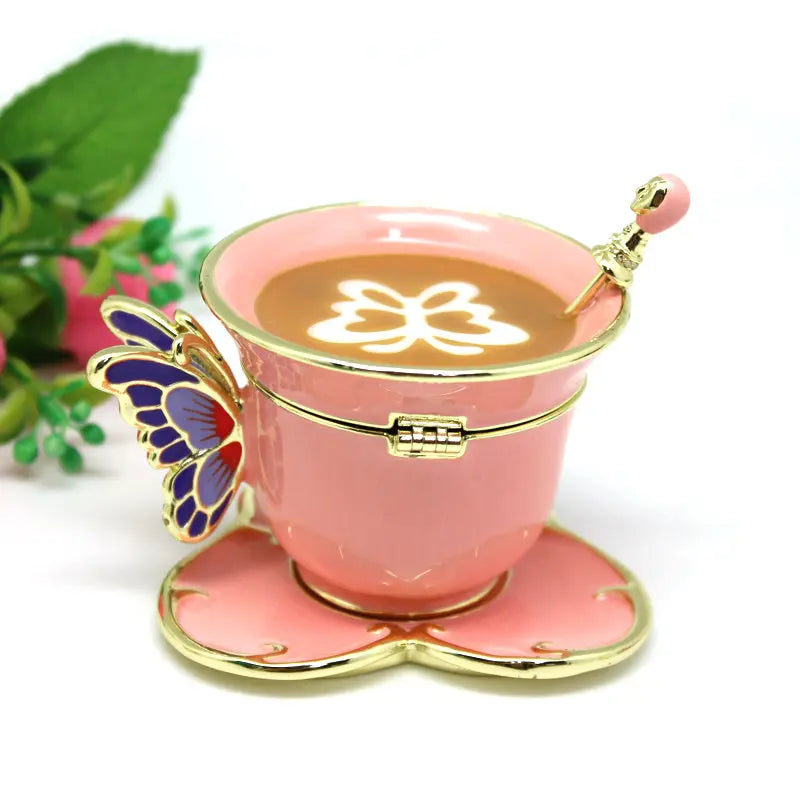SHINNYGIFTS Hand Painted Enameled Small Coffee Cup Trinket Box Butterfly Style Decorative Jewelry Box with Hinged Unique Gift