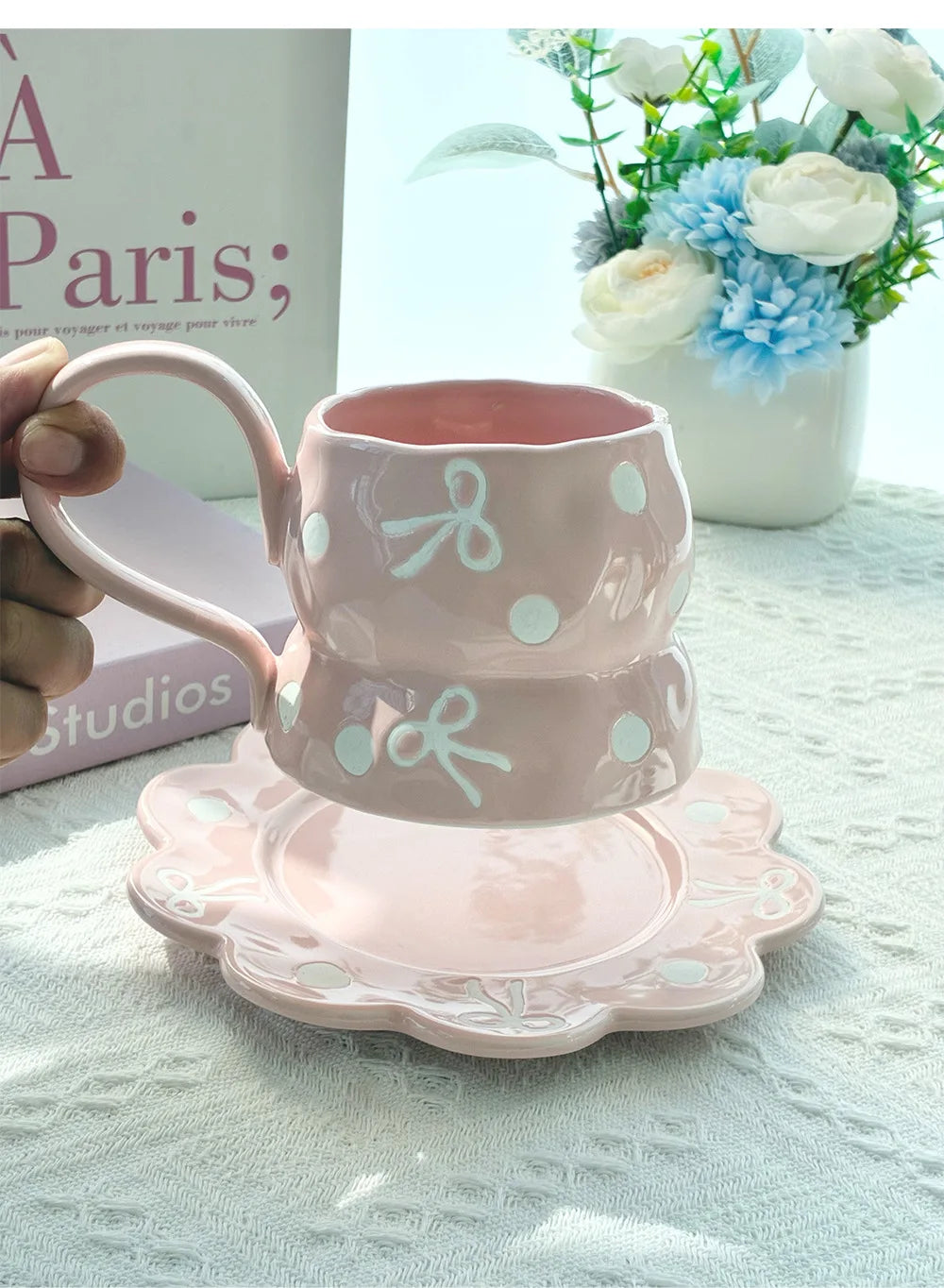 350ml Ceramic Coffee Cups and Saucer Set Bow Patterns Hand Drawn Pink Girl's Large Capacity Cup Flowers Shaped Plate Sets