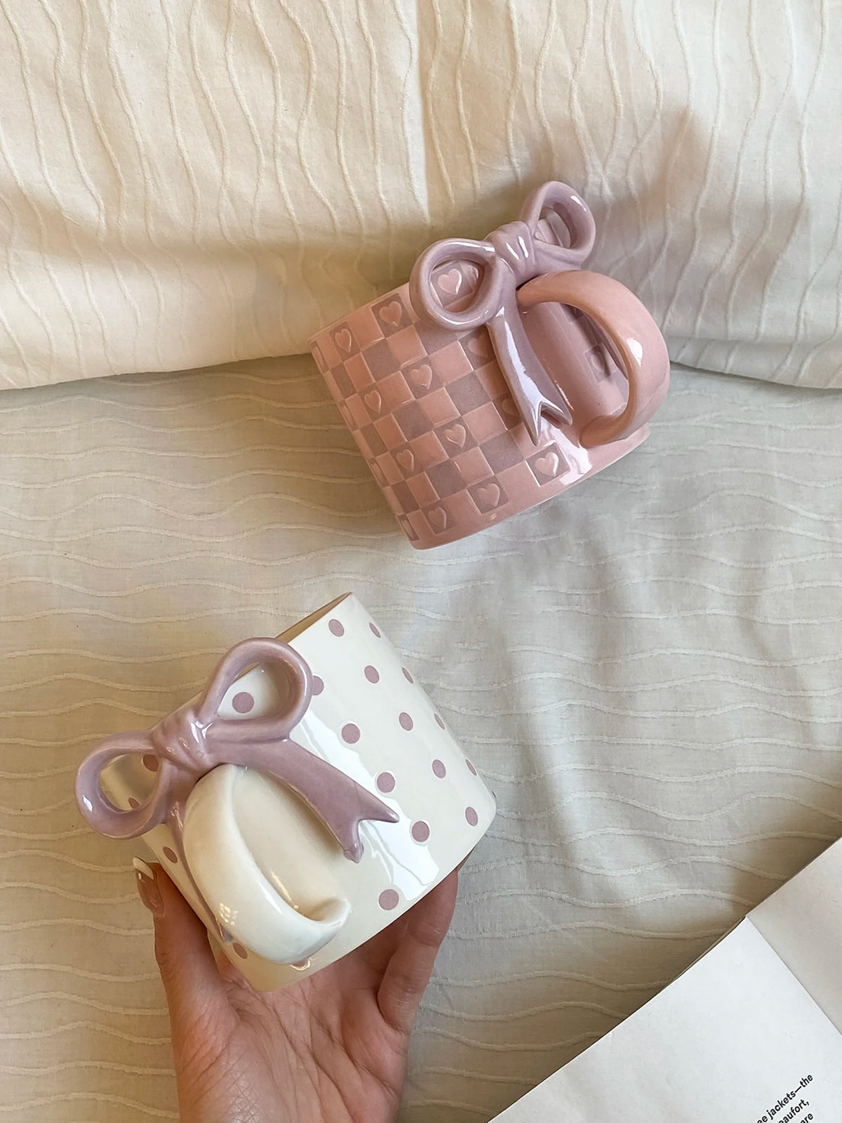 Checkered Bow-Handle Ceramic Mug