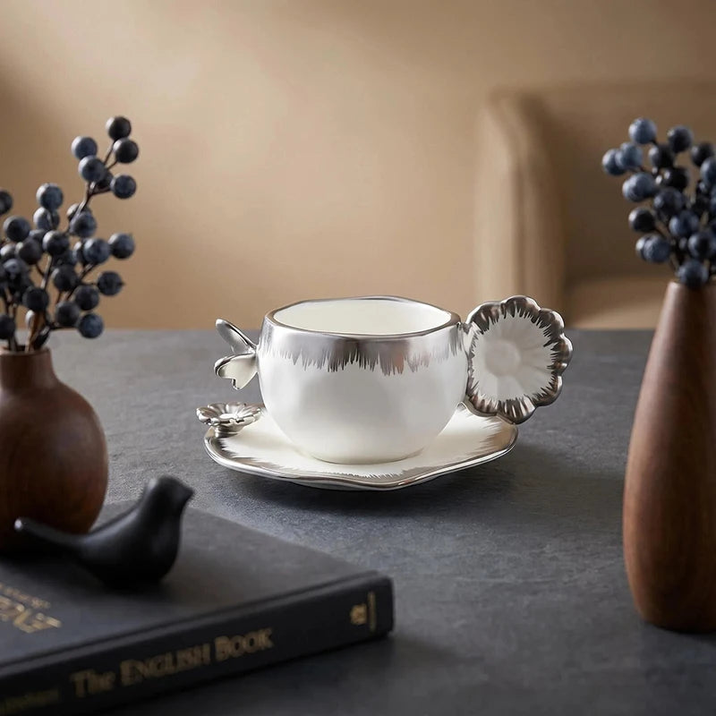 Gold & Silver Porcelain Cup and Saucer – 240ml