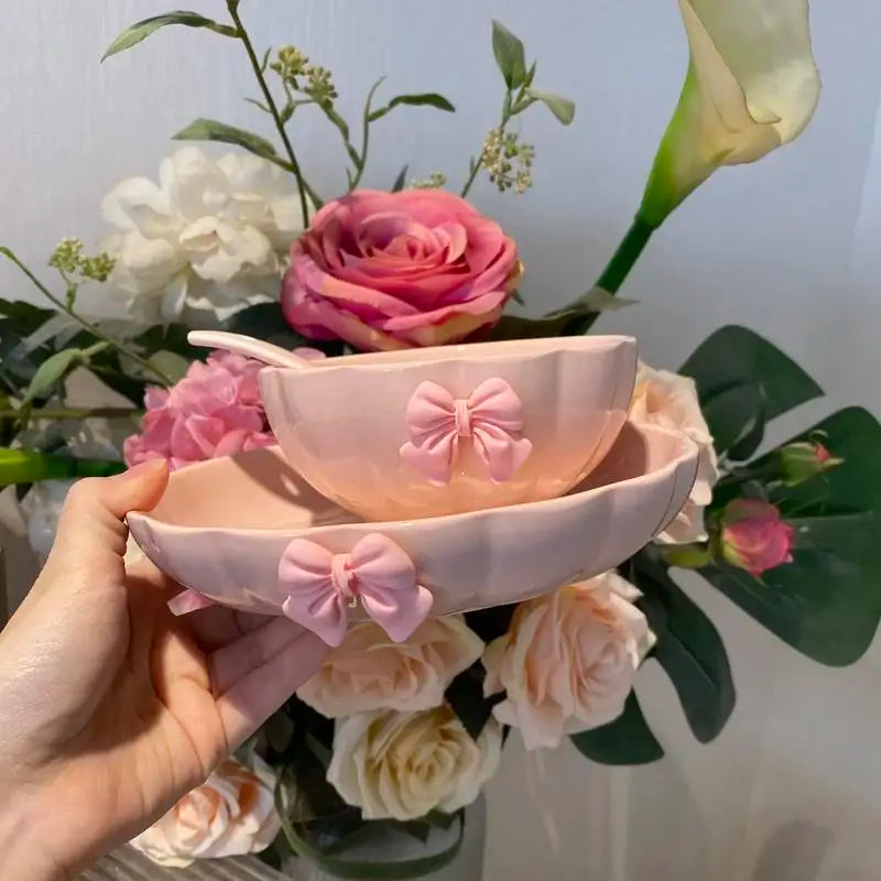 French Pink Bow Ceramic Coffee Cup Set