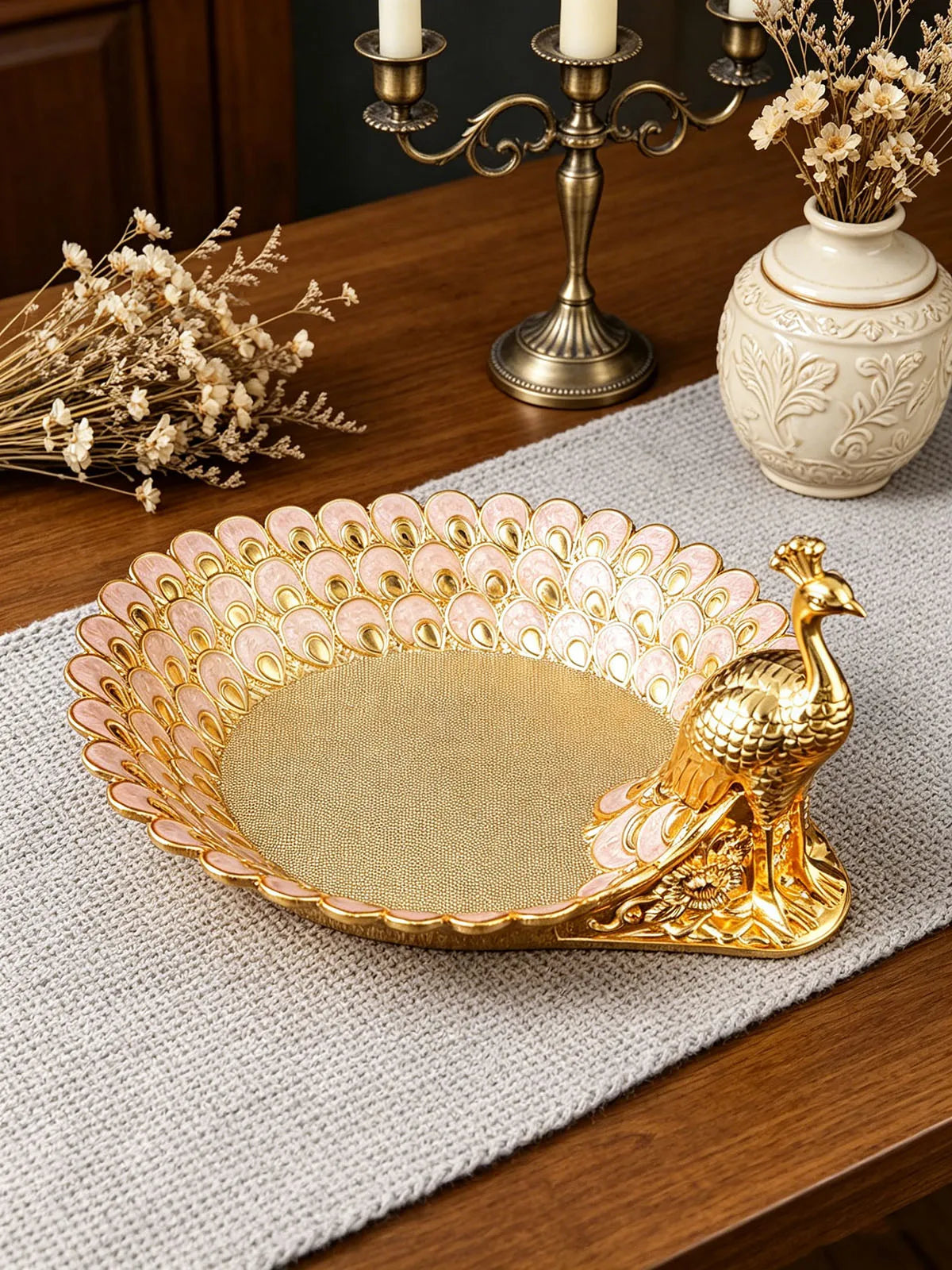 Golden Peacock Decorative Serving Tray