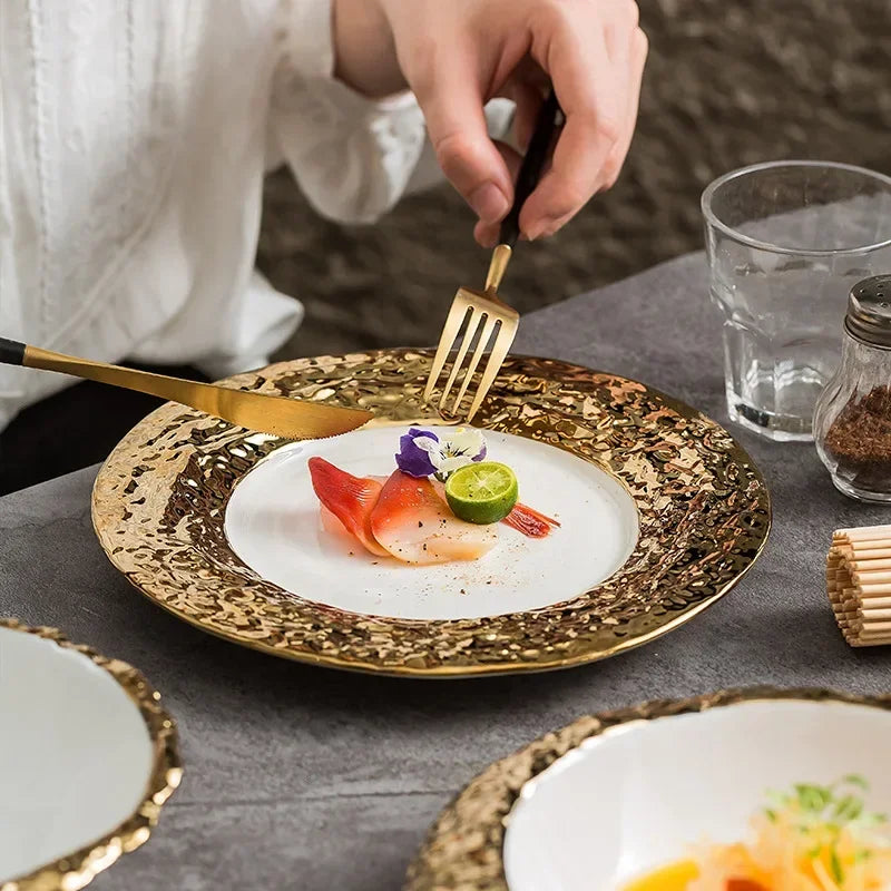 Gold-Rimmed Marble-Style Ceramic Dinner Plate