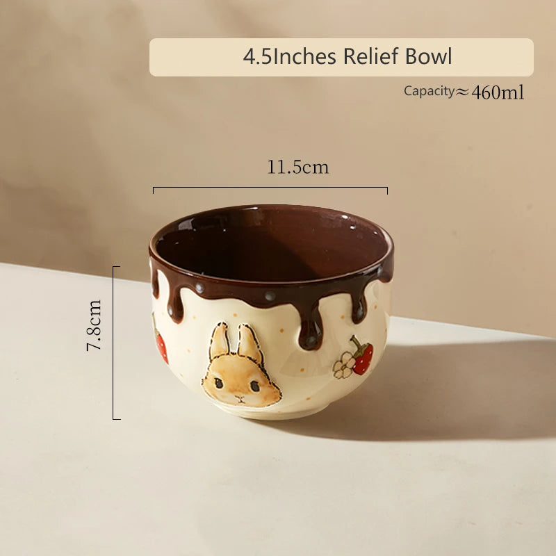 Creative Rabbit Pattern Ceramic Bowl Relief Porcelain Rice Bowls 4.5Inches Cute Home Yogurt Small Bowl Tableware Cake Fruit Bowl
