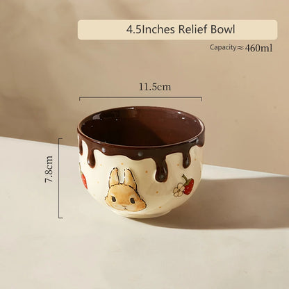 Creative Rabbit Pattern Ceramic Bowl Relief Porcelain Rice Bowls 4.5Inches Cute Home Yogurt Small Bowl Tableware Cake Fruit Bowl