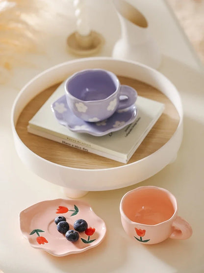 Ceramic Coffee Mug and Saucer Set Hand Pinching Irregular Cute Pattern Milk Juice Afternoon Tea Water Cup Girl Flower Tea Cup