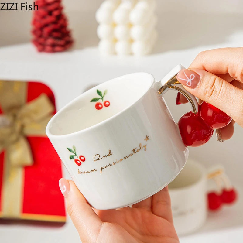 Gold-Rim Cherry Porcelain Mug