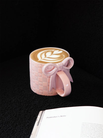 Checkered Bow-Handle Ceramic Mug