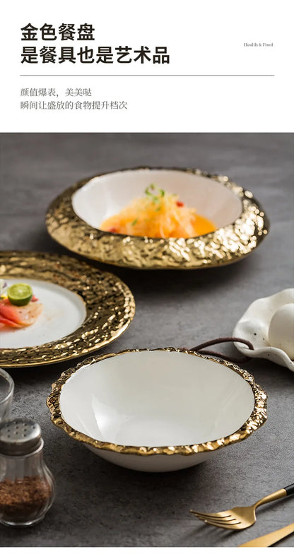 Gold-Rimmed Marble-Style Ceramic Dinner Plate