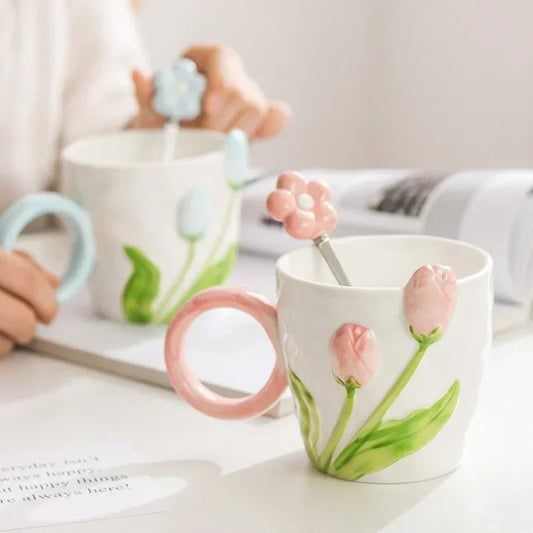 3D Tulip Carved Ceramic Mug