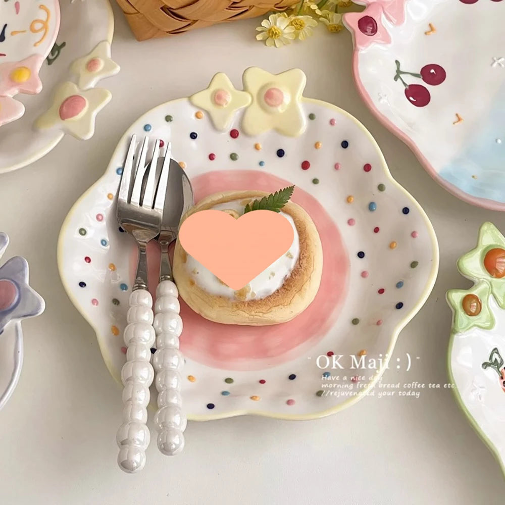 Cute Ceramic Plates for Home Use Dish Tableware Floral Rainbow Polka Dots Under Glazed Plate Kitchen Dining Dinnerware