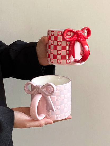 Checkered Bow-Handle Ceramic Mug