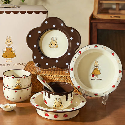 Creative Rabbit Pattern Ceramic Bowl Relief Porcelain Rice Bowls 4.5Inches Cute Home Yogurt Small Bowl Tableware Cake Fruit Bowl