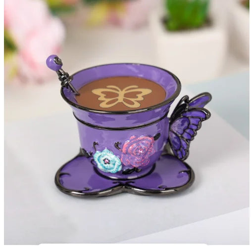 SHINNYGIFTS Hand Painted Enameled Small Coffee Cup Trinket Box Butterfly Style Decorative Jewelry Box with Hinged Unique Gift