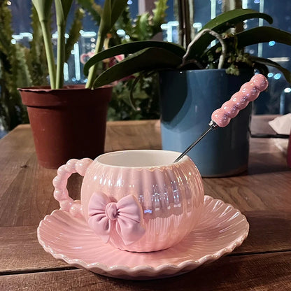 French Pink Bow Ceramic Coffee Cup Set