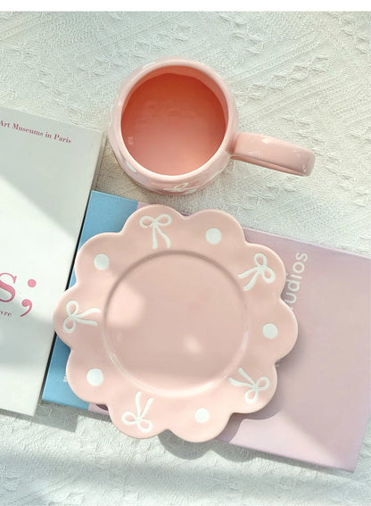 350ml Ceramic Coffee Cups and Saucer Set Bow Patterns Hand Drawn Pink Girl's Large Capacity Cup Flowers Shaped Plate Sets