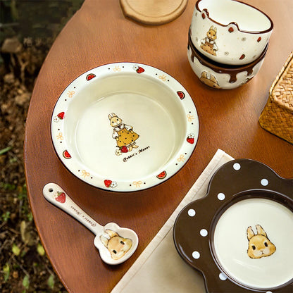 Creative Rabbit Pattern Ceramic Bowl Relief Porcelain Rice Bowls 4.5Inches Cute Home Yogurt Small Bowl Tableware Cake Fruit Bowl