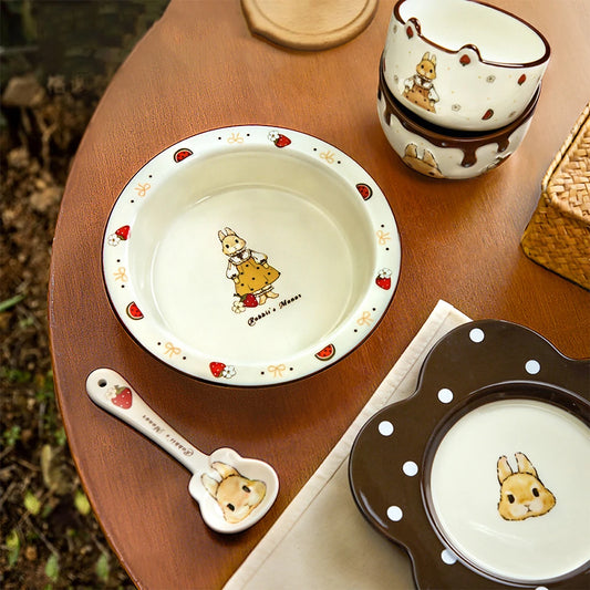 Creative Rabbit Pattern Ceramic Bowl Relief Porcelain Rice Bowls 4.5Inches Cute Home Yogurt Small Bowl Tableware Cake Fruit Bowl