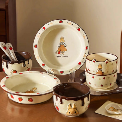 Creative Rabbit Pattern Ceramic Bowl Relief Porcelain Rice Bowls 4.5Inches Cute Home Yogurt Small Bowl Tableware Cake Fruit Bowl