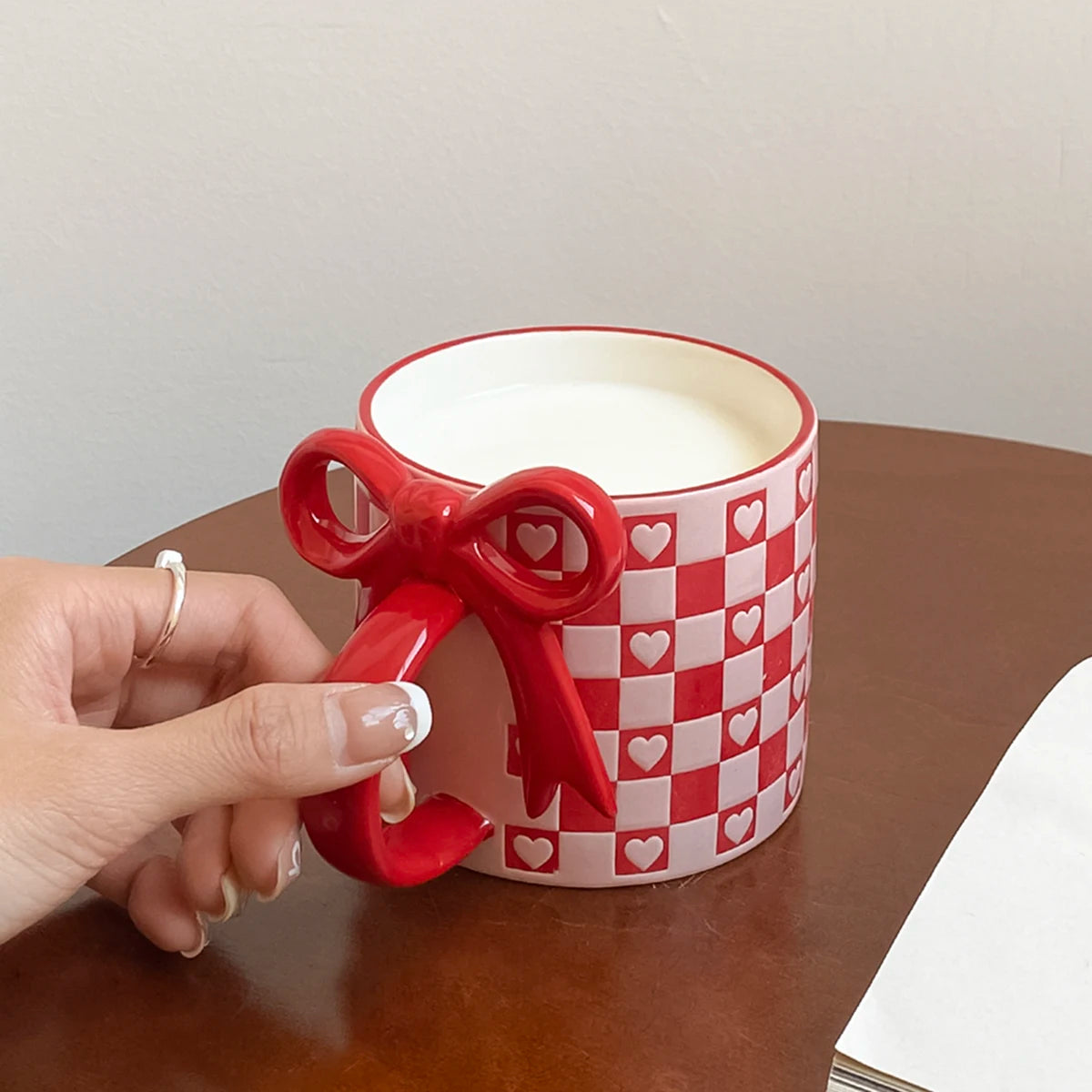 Checkered Bow-Handle Ceramic Mug