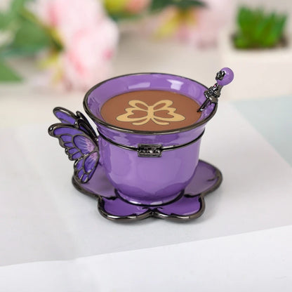 SHINNYGIFTS Hand Painted Enameled Small Coffee Cup Trinket Box Butterfly Style Decorative Jewelry Box with Hinged Unique Gift