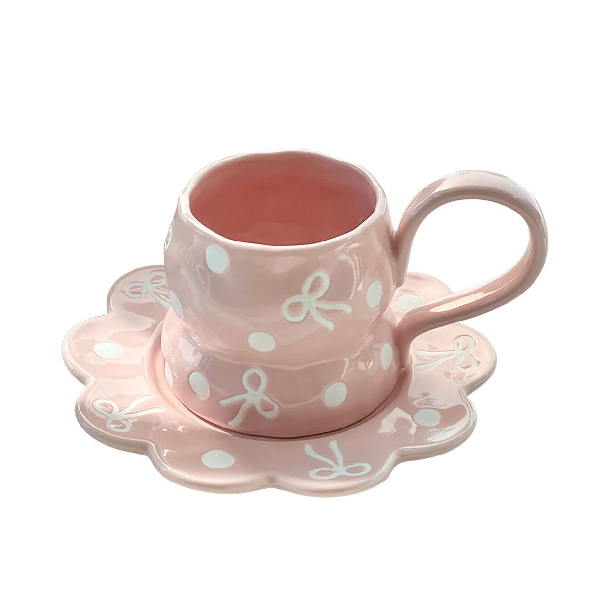 350ml Ceramic Coffee Cups and Saucer Set Bow Patterns Hand Drawn Pink Girl's Large Capacity Cup Flowers Shaped Plate Sets