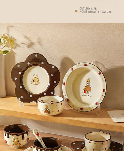 Creative Rabbit Pattern Ceramic Bowl Relief Porcelain Rice Bowls 4.5Inches Cute Home Yogurt Small Bowl Tableware Cake Fruit Bowl